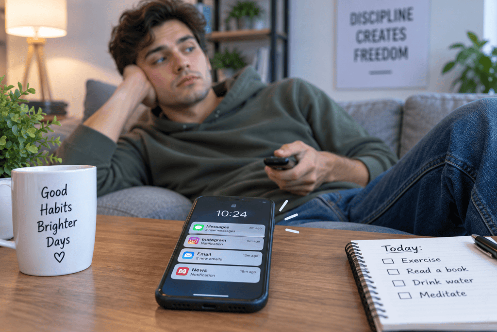 Person ignoring ordinary phone notifications and forgetting a planned daily habit