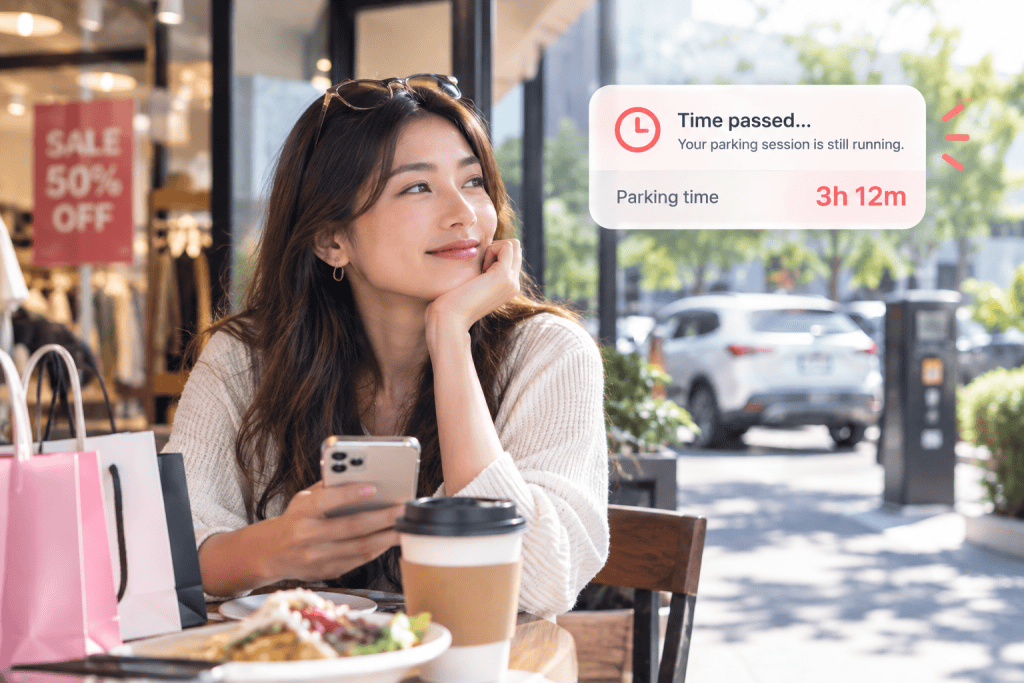 Woman having lunch while her parked car remains outside and the parking timer keeps running