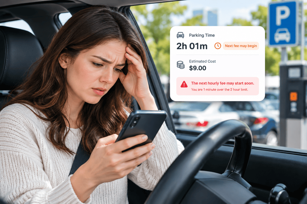 Driver checking parking time after a two hour parking session crosses into the next hourly fee period