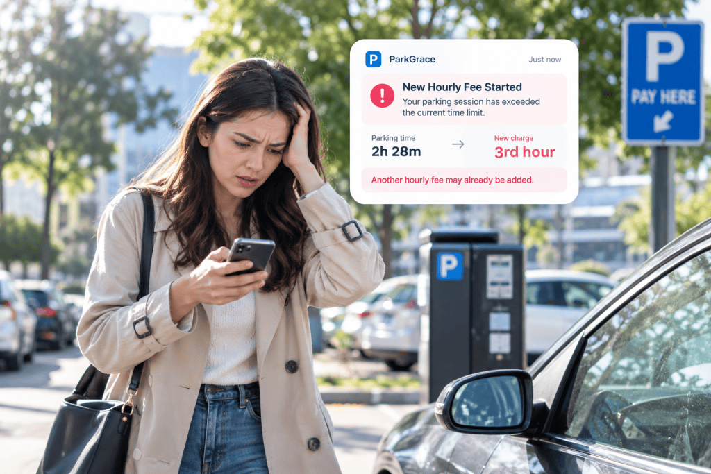 Driver returning to a parked car after another parking fee may already have started